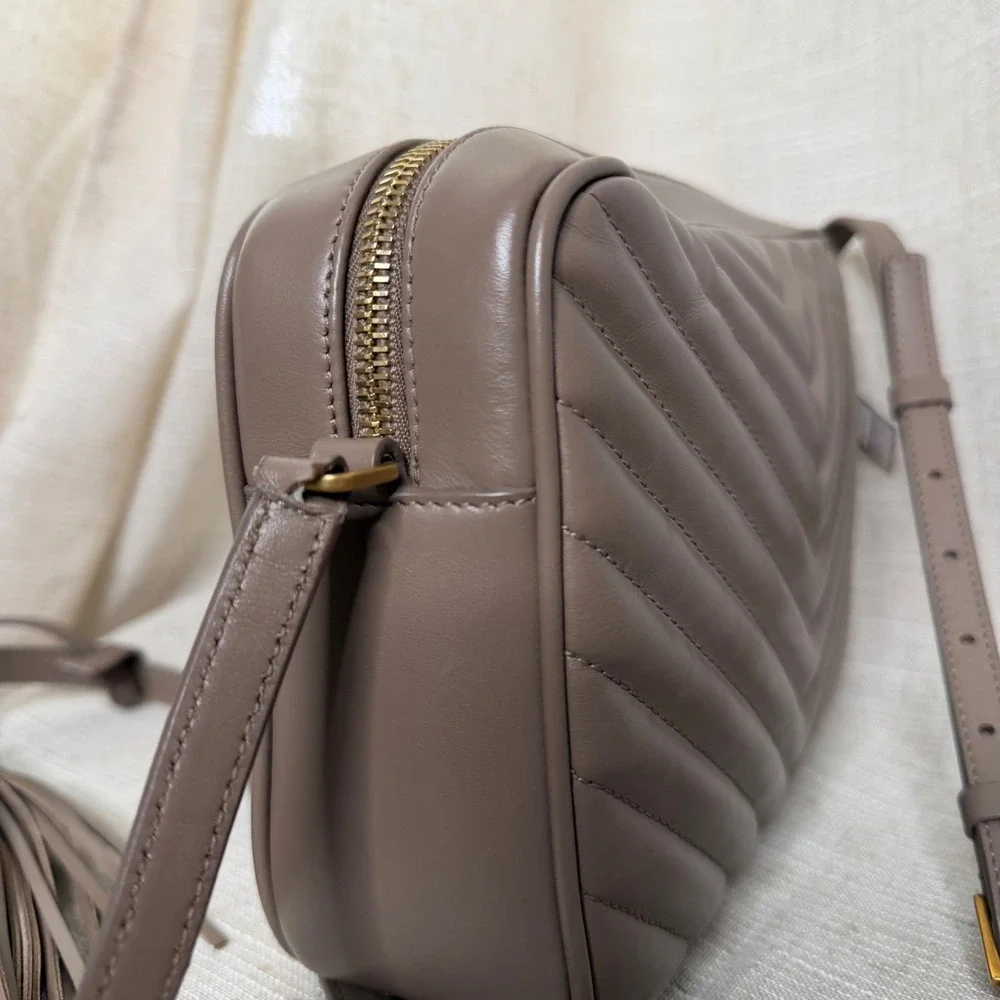 YSL Saint Laurent Lou Camera Bag Matelasse Chevron Calfskin Leather Taupe READ